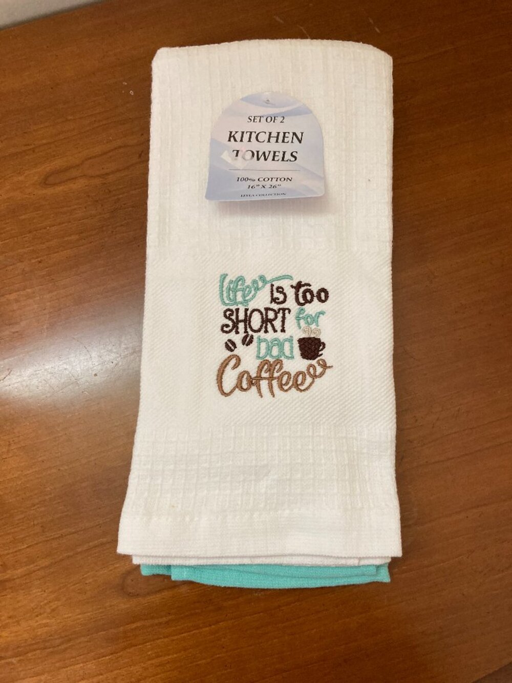 2 Dish Towels Waffle Life is Too Short for Bad Coffee 16"x 26"